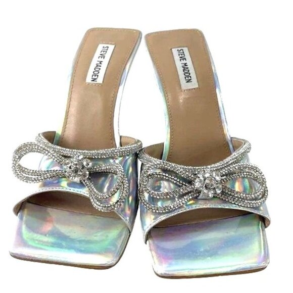 Steve Madden Silver Holographic Bow Heels Size 8 - Picture 1 of 5